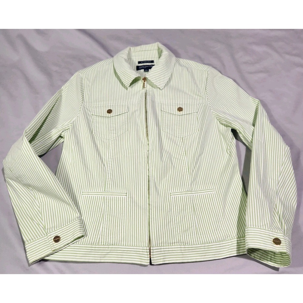 Jones New York Seersucker Green & White Striped Zip Up Blazer Jacket Large - Picture 1 of 7